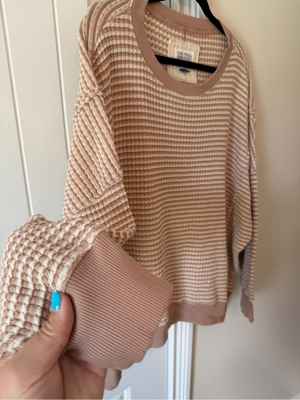 AE Oversized Beige Waffle-Knit Crewneck Sweater - Picture 3 of 5